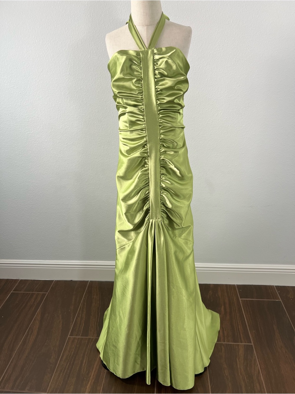 Jessica McClintock Satin Lime Green Halter Ruched Maxi Dress